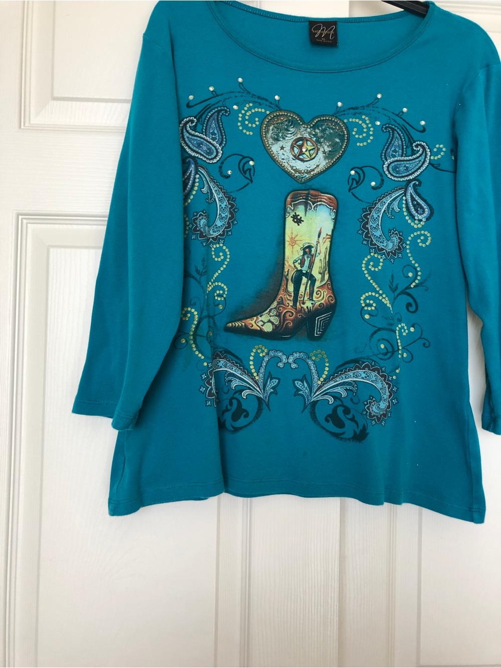 Teal Western Boot Graphic Long Sleeve Top